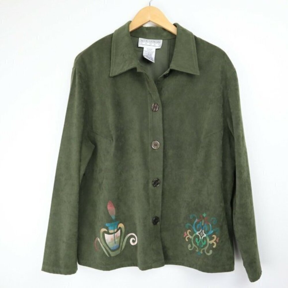 Olive Button Down Shirt Jessica Howard 16 Top Blouse Print Faux Suede Shacket